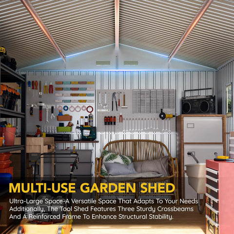 Interior view of the Big Beefy 10x12x7.4Ft Outdoor Storage Shed with organized tools, furniture, and metal walls.