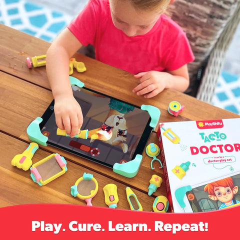 Tech Powered Doctor Kit For Kids Tacto Doctor Interactive Pretend Playset With 12 Tools And 3 Games STEM Learning Toy For Ages 4 To 10 Roleplay Gift For Boys And Girls Tablet Not Included, child using tablet