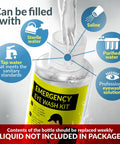 Clear plastic emergency eye wash kit bottle with yellow label reading Emergency Eye Wash Kit.