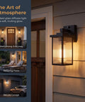 Set And Forget Dusk To Dawn Wall Mount Porch Light With Auto Photocell Sensor, matte black lantern on exterior wall, soft glow.
