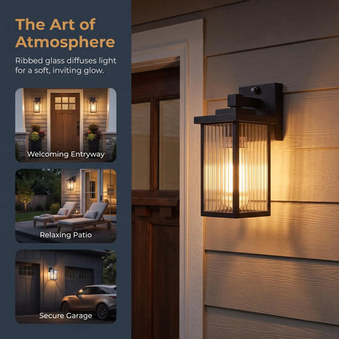 Set And Forget Dusk To Dawn Wall Mount Porch Light With Auto Photocell Sensor, matte black lantern on exterior wall, soft glow.