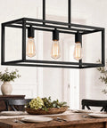 Black Industrial Kitchen Island Light With 3 Light Linear Cage Chandelier over dining table