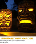 Set Of 2 Solar Tiki Torches With Flickering Flame Effect For Outdoor Patio Decor, Tiki Head Solar Lights glowing in the dark