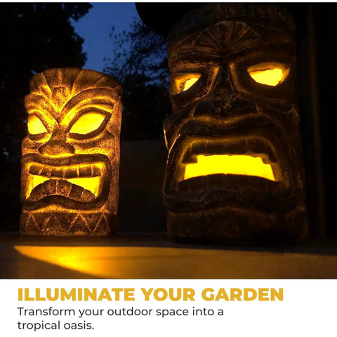 Set Of 2 Solar Tiki Torches With Flickering Flame Effect For Outdoor Patio Decor, Tiki Head Solar Lights glowing in the dark