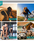 Collage showing travel, hiking, sports, and camping activities outdoors.