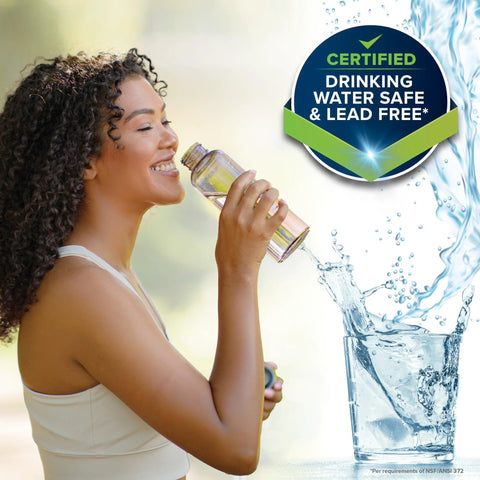 Side view of a woman drinking water with a circular badge reading Certified Drinking Water Safe & Lead Free.