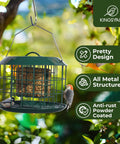 Squirrel Proof Suet Feeder For Outdoors Hanging All Metal Cage Bird Feeder with two suet cakes in a green garden setting