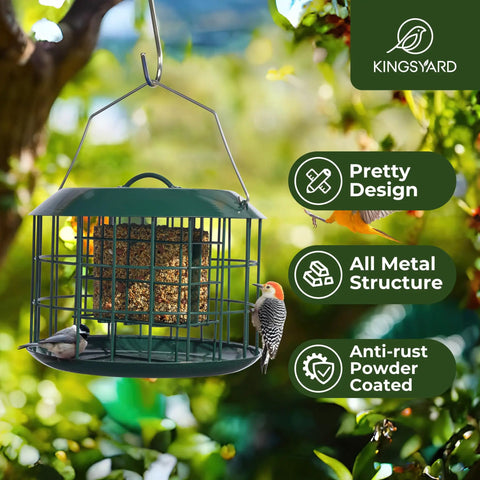 Squirrel Proof Suet Feeder For Outdoors Hanging All Metal Cage Bird Feeder with two suet cakes in a green garden setting