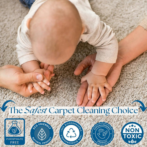 Baby on carpet with Fast Acting Carpet And Upholstery Stain Remover Spray For Rugs Couches And Car Seats, non-toxic label visible.