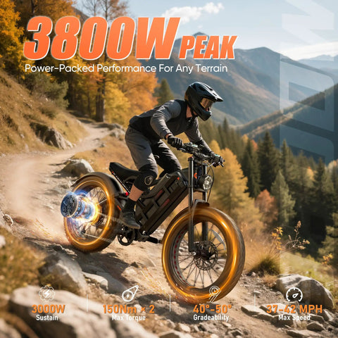 Built Different 3000W Electric Bike Rolling At 42 MPH With 100 To 200 Mile Range Powered By 60V 70Ah Battery Featuring 26 Inch Fat Tires And Full Suspension For Adult Riders
