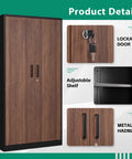 72 Inch Steel Locker Cabinet With Locking Doors For Office Home School Gym Hotel And More Wood Grain Finish Boss Level Heavy Duty Metal Storage Cabinet 72 x 36 x 18 Inches Moisture Proof Rust Resistant showing lockable door, adjustable shelf, and metal handle details