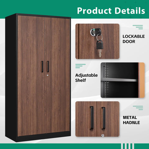 72 Inch Steel Locker Cabinet With Locking Doors For Office Home School Gym Hotel And More Wood Grain Finish Boss Level Heavy Duty Metal Storage Cabinet 72 x 36 x 18 Inches Moisture Proof Rust Resistant showing lockable door, adjustable shelf, and metal handle details