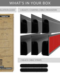 Box contents of J Channel Cable Raceways For Under Desk Wire Management Six 16 Inch Black Cable Channels With Adhesive Mounting Tape
