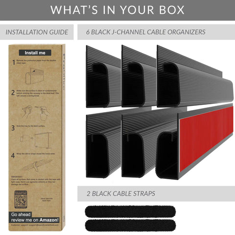 Box contents of J Channel Cable Raceways For Under Desk Wire Management Six 16 Inch Black Cable Channels With Adhesive Mounting Tape