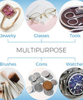 Portable Stainless Steel Ultrasonic Cleaner Blast Grime Off Rings Necklaces Glasses Watches And Coins With A Roomy 20oz Tank That Cleans As A Whistle Daily showcasing jewelry, glasses, coins, and watches.