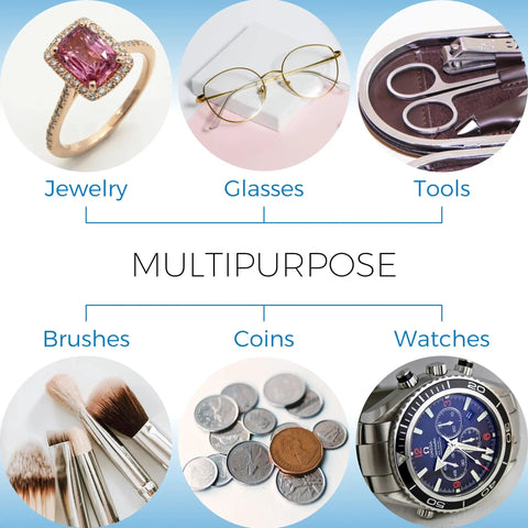 Portable Stainless Steel Ultrasonic Cleaner Blast Grime Off Rings Necklaces Glasses Watches And Coins With A Roomy 20oz Tank That Cleans As A Whistle Daily showcasing jewelry, glasses, coins, and watches.