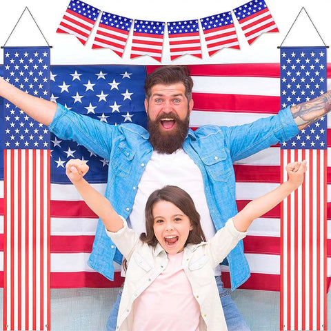 Man and child celebrating in front of Patriotic Outdoor American Flag Banners Set Of Two For Fourth Of July Independence Day.