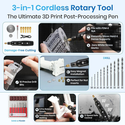 Boss Level 184-Piece 3D Printer Tools Kit with Hanging Organizer showcasing cordless rotary tool, drill bits, and sand polish