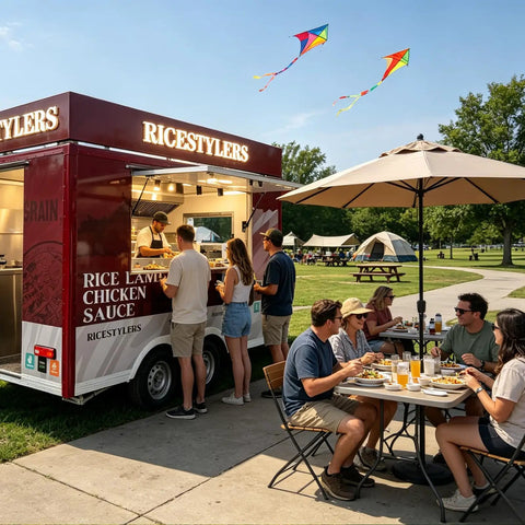 Bulletproof Mobile Food Trailer With Private Bathroom And Full Commercial Kitchen Setup Factory Direct at a park with customers.