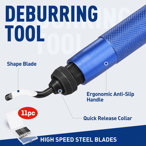 Blue deburring tool with 11 high-speed steel blades, ergonomic anti-slip handle, swivel head and quick-release collar
