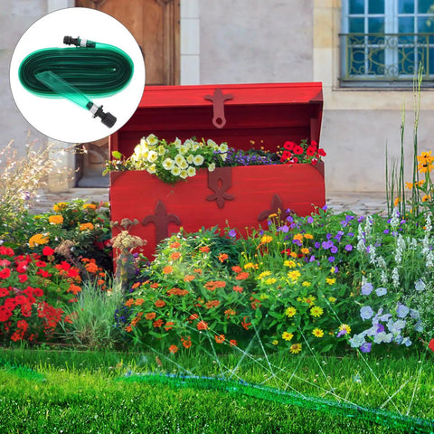 Flat Soaker Hose With Perforated Holes For Even Yard Watering Flexible PVC Low Profile Sprinkler Hose 7.5m in a lush garden