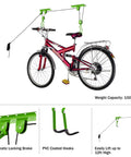 Two Pack Overhead Bike Hangers With Pulley System For Ceiling Garage Storage 100lb Capacity Each Great For Hanging Bicycles