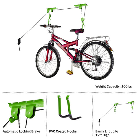Two Pack Overhead Bike Hangers With Pulley System For Ceiling Garage Storage 100lb Capacity Each Great For Hanging Bicycles Ladders Or Tools In Your Shed Or Basement, shown hoisting a red bike with green pulley system and hooks, automatic locking brake highlighted