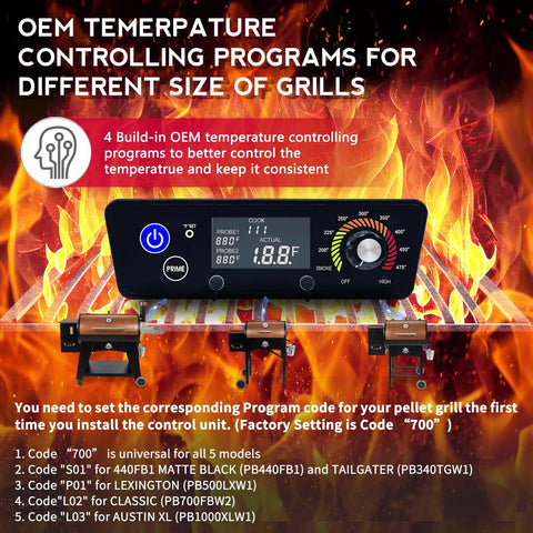 Replacement Pro Grade Digital Control Board For Copper Series Wood Pellet Grill And Smoker Tailgater Lexington Classic Austin XL Matte Black CAT02PGAMP Compatible showing temperature settings with flames in the background.