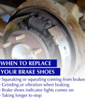 Rear drum brake shoe set installed on a rusty hub and brake drum assembly, with wheel studs visible.