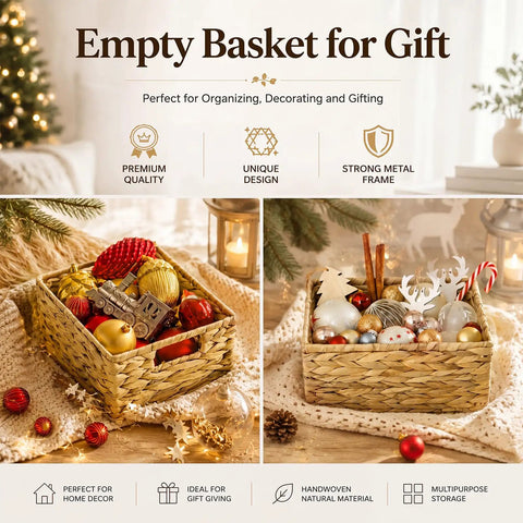 Three Pack Wicker Storage Baskets With Handles For Laundry Room And Bedroom Water Hyacinth Woven Bins Medium Size Dope Natural Color Look Durable Lightweight Organizer For Toys Clothes Books And More, filled with holiday decorations.