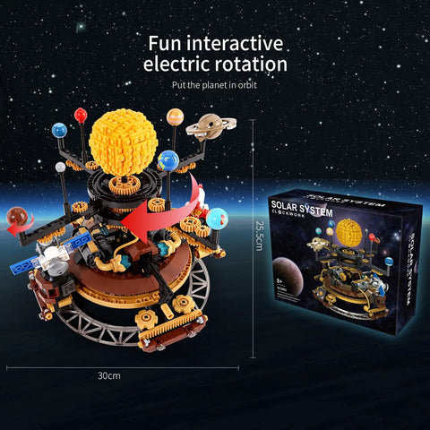 Mechanical Solar System Orrery Kit With 946 Pieces Rotating Planets Gear Driven Model No Batteries Needed Educational STEM Astronomy Toy For Kids Ages 8 Through 14 Includes Rocket Set Compatible With Space Themed Building Sets, 30cm