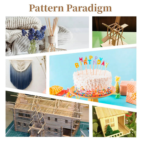 Various uses of 68 Piece Premium Bamboo Wood Dowel Sticks Measuring Quarter By Twelve Inches for crafts and baking.