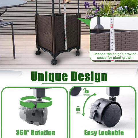 Raised Garden Bed Planter Box With Trellis 62.2 Inch Self Watering Tomato Planter on wheels showing unique lockable wheels and height adjustment