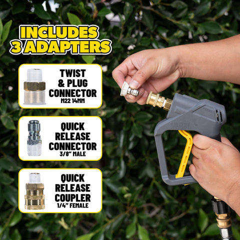 Snubby Pressure Washer Gun With Foam Cannon Attachment For Thick Clinging Foam Short Handle Design For Gas Or Electric Washers Ideal For Car Washing Detailing And Home Cleaning Projects with adapters