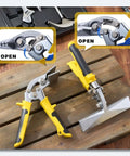 Pro Grade Offset Hand Seamer Set 3 Inch and 6 Inch Wide Jaw Sheet Metal Benders with ergonomic handles on wooden surface