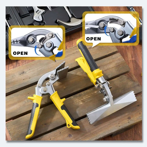 Pro Grade Offset Hand Seamer Set 3 Inch and 6 Inch Wide Jaw Sheet Metal Benders with ergonomic handles on wooden surface