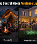 Visual of Solar Mosquito Zapper Outdoor With Flame Lamp And Projector Light 4200V Electric Bug Killer in use at night in backyard and camping site