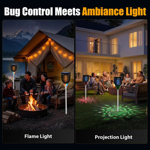 Visual of Solar Mosquito Zapper Outdoor With Flame Lamp And Projector Light 4200V Electric Bug Killer in use at night in backyard and camping site