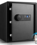 Four In One Personal Safe For Your Pad Or Office With 1.69 Cu Ft And 0.1 Second Quick Access Unlock By Fingerprint App Key And Customizable Passcode showing open door and phone app control.