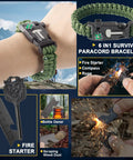 Green 6-in-1 survival paracord bracelet with compass and fire starter, part of 66 In 1 Outdoor Survival Kit With First Aid Fire Starter Knife And Compass For Camping And Hiking Gear Perfect Gift For Men And Outdoor Enthusiasts For Any Adventure Seeker.