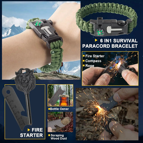 Green 6-in-1 survival paracord bracelet with compass and fire starter, part of 66 In 1 Outdoor Survival Kit With First Aid Fire Starter Knife And Compass For Camping And Hiking Gear Perfect Gift For Men And Outdoor Enthusiasts For Any Adventure Seeker.