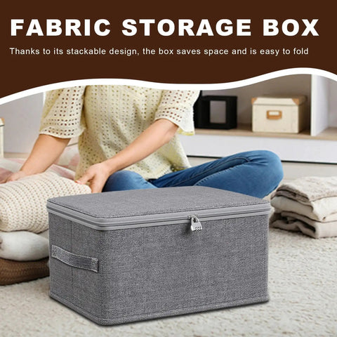 Slick Fabric Storage Bin With Combination Lock Waterproof Foldable Wardrobe Organizer Keeps Your Essentials Safe Collapsible Drawer Tote placed beside folded clothes.
