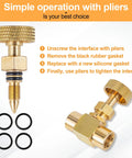 Two brass needle valves with knurled knobs and four O-rings; 1/4 in NPT female fittings; gold finish.
