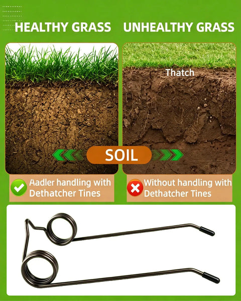 Comparison of healthy and unhealthy grass with 20 Pack Dethatcher Replacement Spring Tines For AgriFab 40 And 48 Inch Lawn Rakes Compatible with Craftsman and John Deere Dethatchers Model 43783 And 45-0294 Series Easy Install Tine Set For Lawn Care And Cleanup shown below.