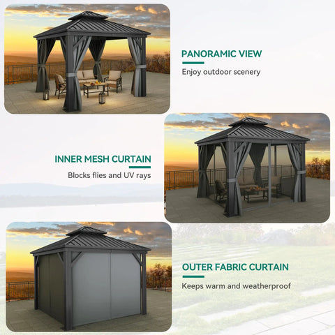 10x10 Ft Hardtop Gazebo With Netting And Curtains Heavy Duty Double Galvanized Steel Roof Ventilated Double Roof Design For Windy Days Outdoor Patio Backyard Deck Lawn Shelter In Gray