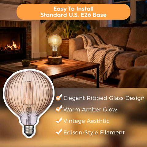 4W Dimmable Amber Globe LED Bulb With Squirrel Cage Filament, G125 Edison Style, cozy living room setting, E26 medium base.
