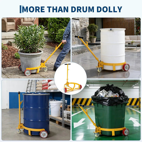 Heavy Duty Steel Drum Dolly Cart For 55 Gallon Oil Barrels moving large planter, trash bin, and barrels in various environments.