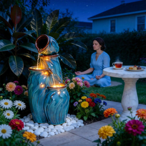 Outdoor Ceramic Water Fountain With 4 Tier Pots Turquoise Ocean Wave Texture 29 Inch Garden Centerpiece For Patio Yard Or Porch Creates A Relaxing Serene Oasis With Dynamic Waterfalls at night in garden setting with flowers
