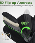 Ergonomic Office Chair With Adjustable Lumbar Support And Headrest, 2D flip-up armrests shown at 90-degree angle.