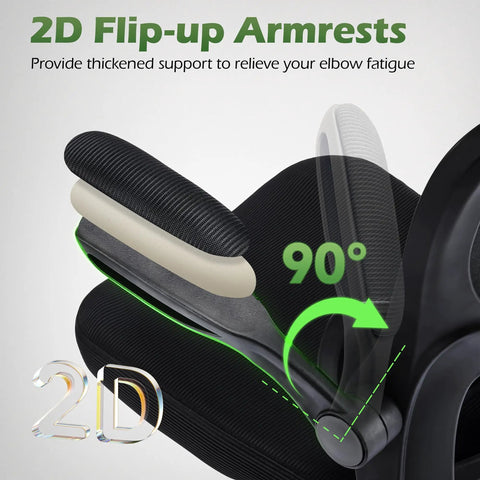 Ergonomic Office Chair With Adjustable Lumbar Support And Headrest, 2D flip-up armrests shown at 90-degree angle.